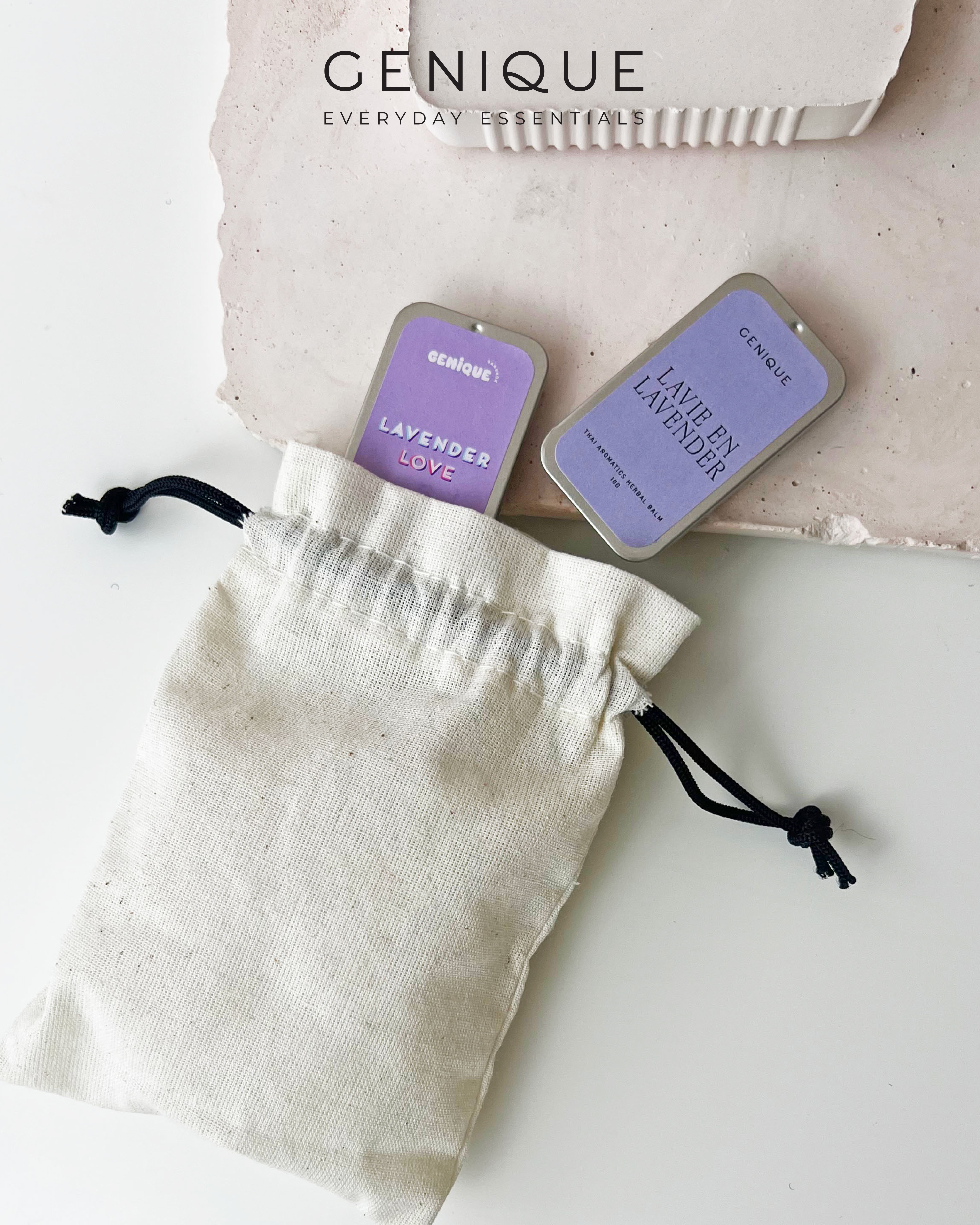 Genique พรีเมี่ยมเซท Giftset Happy Heal Aroma Relaxing Balm 2 ชิ้น ในถุงผ้า