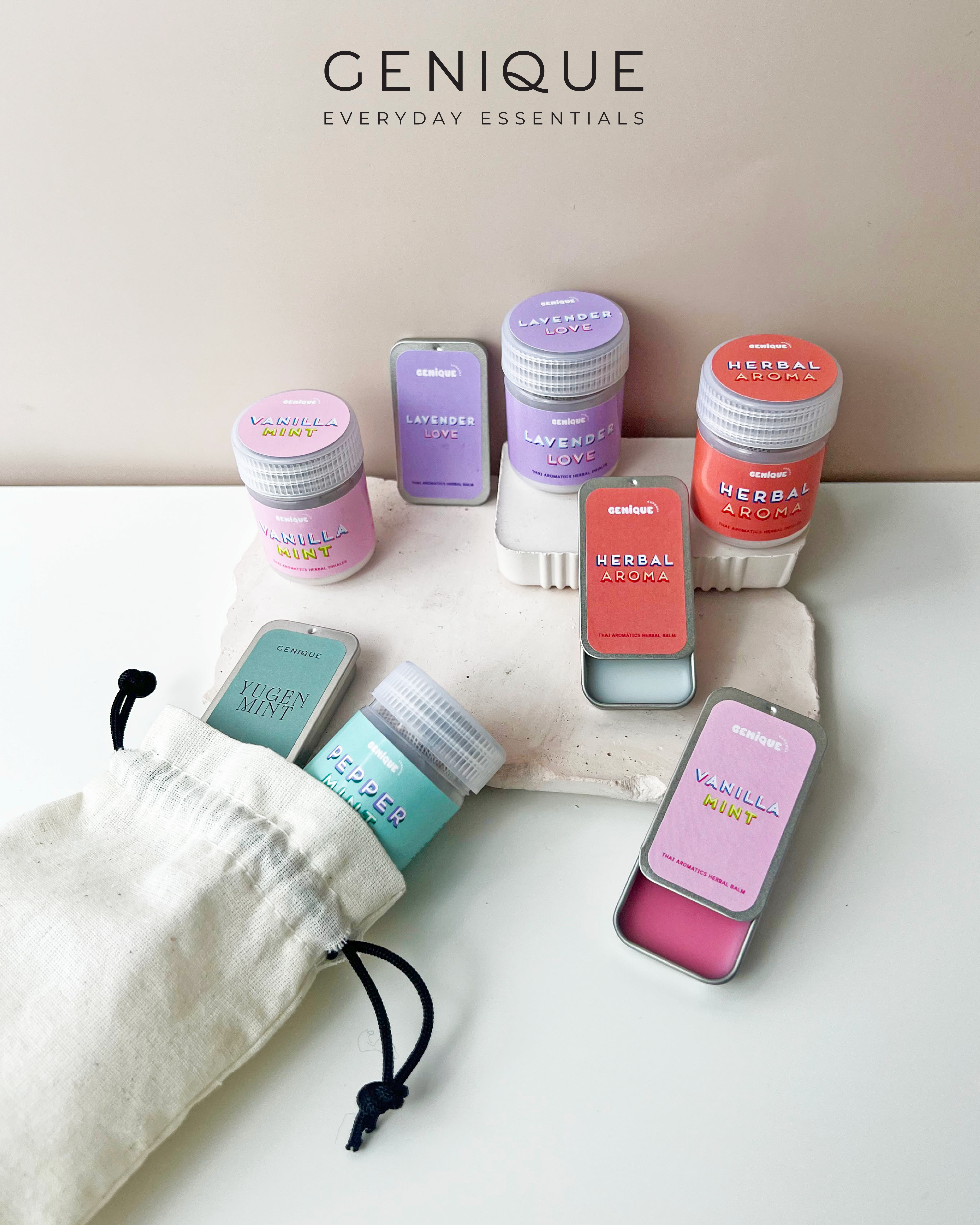 Genique พรีเมี่ยมเซท Giftset Happy Heal ยาดมขวดขาวขุ่น + Aroma Relaxing Balm ในถุงผ้า