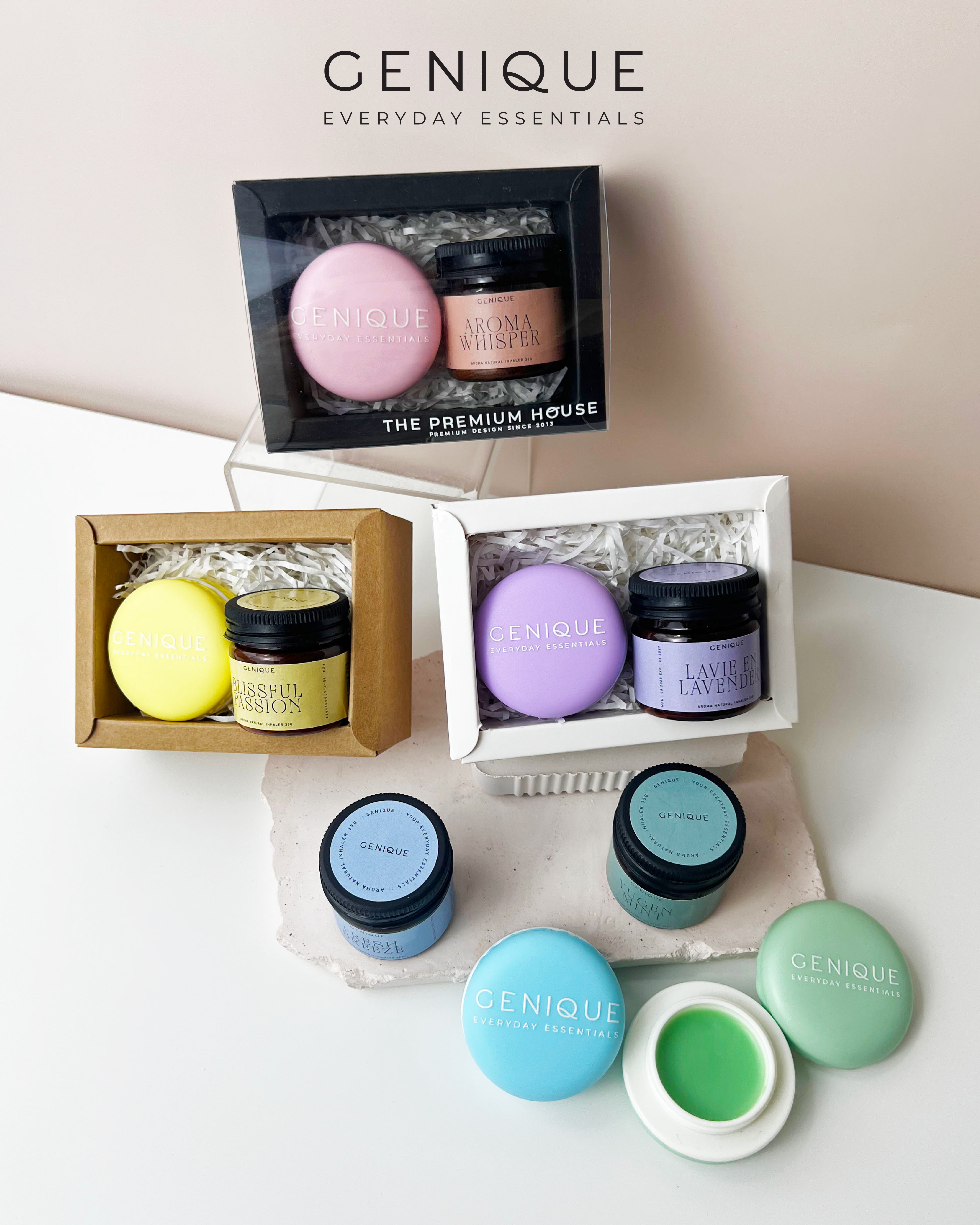 Genique พรีเมี่ยมเซท Giftset Happy Heal บาล์มมาการอง + ยาดมขวดสีชา