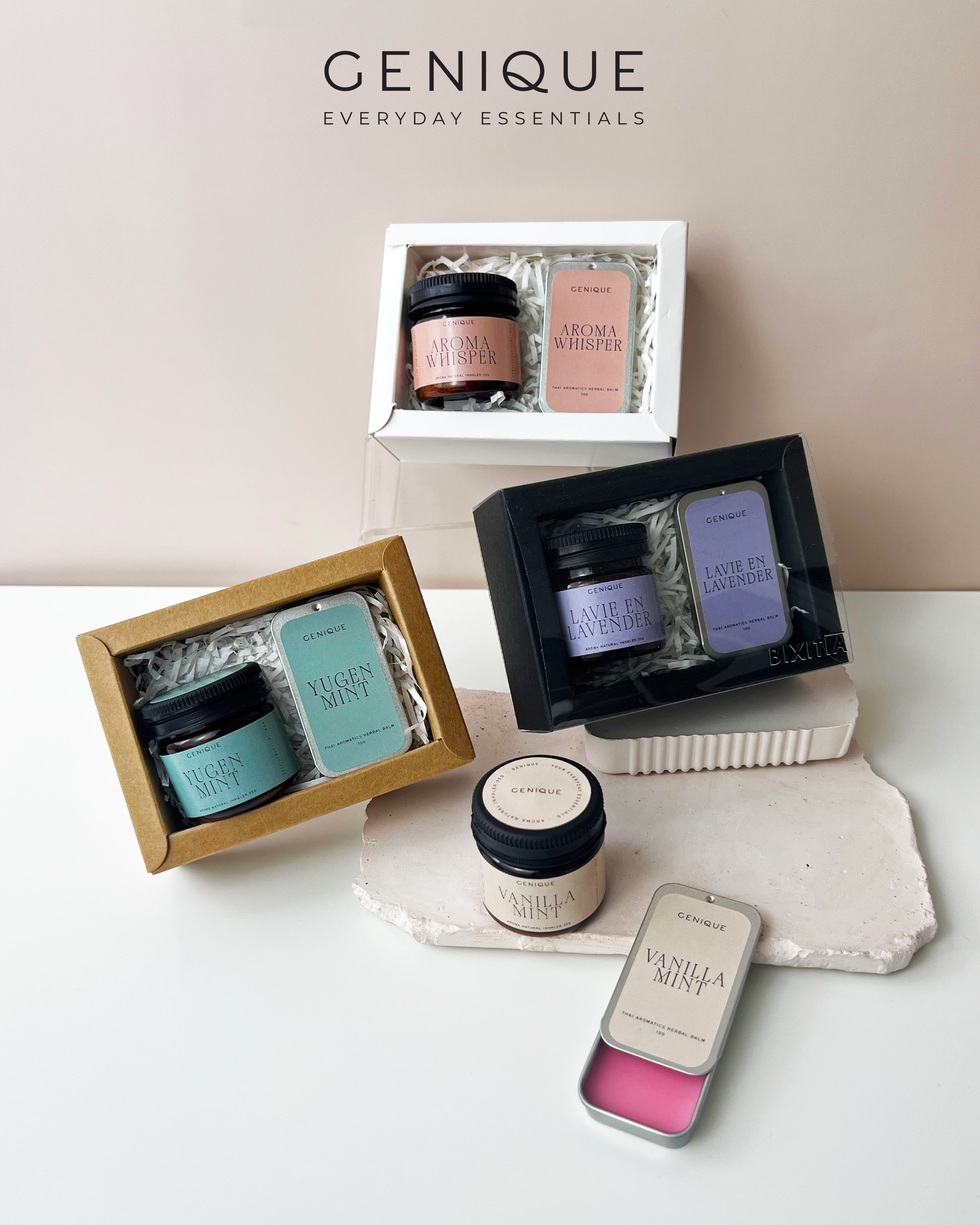 Genique พรีเมี่ยมเซท Giftset Happy Heal ยาดมขวดสีชา+ Aroma Relaxing Balm