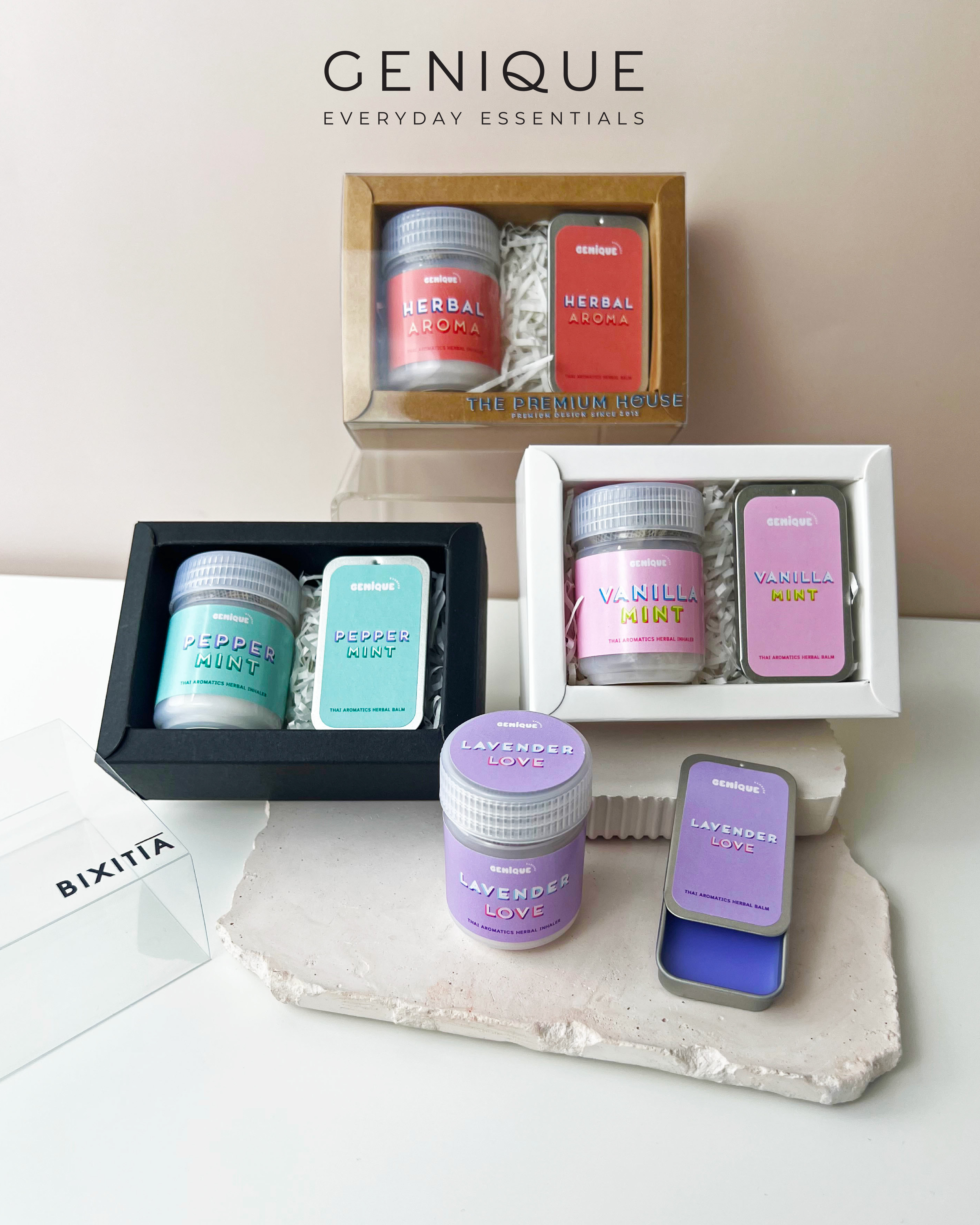 Genique พรีเมี่ยมเซท Giftset Happy Heal ยาดมขวดขาวขุ่น +Aroma Relaxing Balm